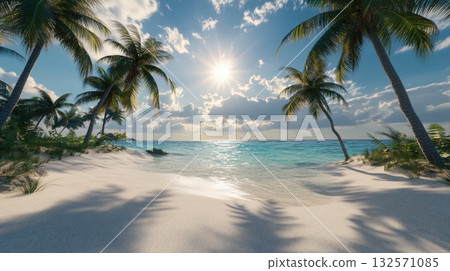 Tropical beach with soft white sand and clear water under palm trees with sun flare and shadows 132571085