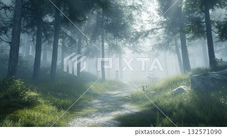 Foggy pine forest in early morning with thick mist and pale light creating a calm mood 132571090