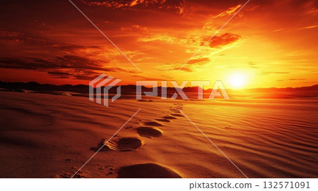 Sunset over a vast desert plateau with dramatic orange and red sky, showcasing mesa silhouettes with long shadows and deep warm tones. Sunset over a vast desert plateau with dramatic orange and red sky, showcasing mesa silhouettes with long shadows and deep warm tones. 132571091