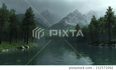 Atmospheric mountain valley during rainfall with rippling river and darkened pine trees Atmospheric mountain valley during rainfall with rippling river and darkened pine trees 132571092