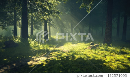 Sunlit forest clearing in a summer morning with sunbeams and dappled light on mossy ground Sunlit forest clearing in a summer morning with sunbeams and dappled light on mossy ground 132571093