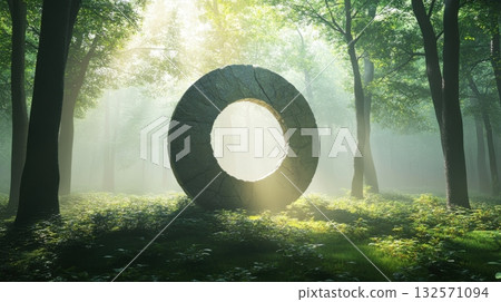 Mystical stone circle in a fog-drenched forest glade with light shafts piercing the canopy Mystical stone circle in a fog-drenched forest glade with light shafts piercing the canopy 132571094