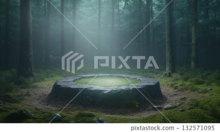 Dreamlike mystical glade with glowing stone circle and light shafts in fog-drenched forest 132571095