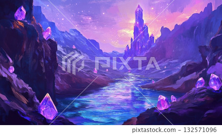 Stylized crystal canyon with glowing geodes and floating crystals above a luminous river 132571096