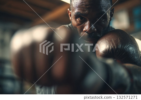 Close-up portrait of boxer training with gloves during workout Close-up portrait of boxer training with gloves during workout 132571271