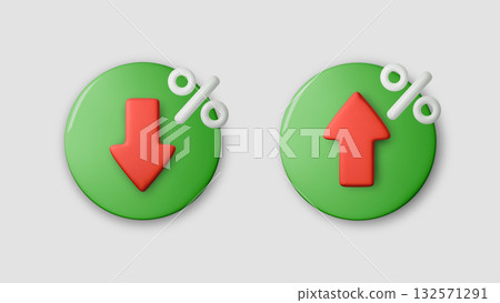 3D low price icons with red up and down arrows showing rate drop and market decline. Abstract financial vector about price decrease, percent change, and economic fall in modern business design 3D low price icons with red up and down arrows showing rate drop and market decline. Abstract financial vector about price decrease, percent change, and economic fall in modern business design 132571291