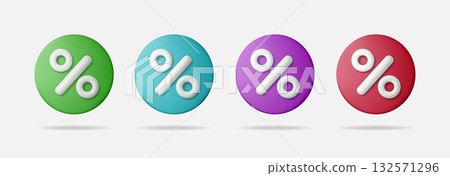 3D discount icons with white percent on green, blue, red, and violet shapes. Realistic sale and offer badges, modern vector design for promo, coupon, and business finance concepts 132571296
