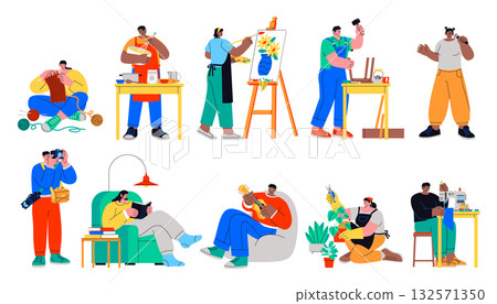 Collection of people practicing various creative hobbies in hand-drawn flat style Collection of people practicing various creative hobbies in hand-drawn flat style 132571350