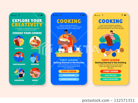 Mobile app interface for creative hobby courses and lessons in hand-drawn flat style 132571351