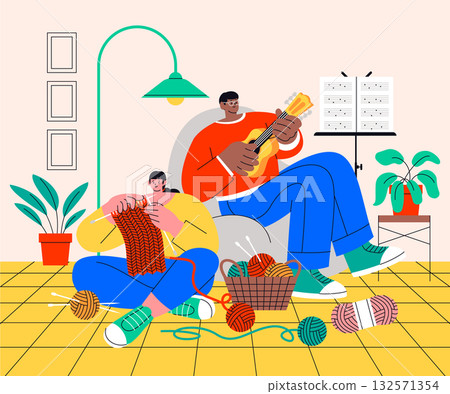 Indoor hobby composition with people knitting and playing music in hand-drawn flat style 132571354