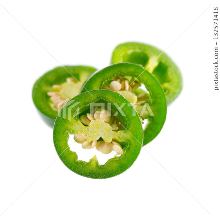 Fresh jalapeno pepper isolated on white background. Slices of green hot serrano pepper. Clipping path. Fresh jalapeno pepper isolated on white background. Slices of green hot serrano pepper. Clipping path. 132571418