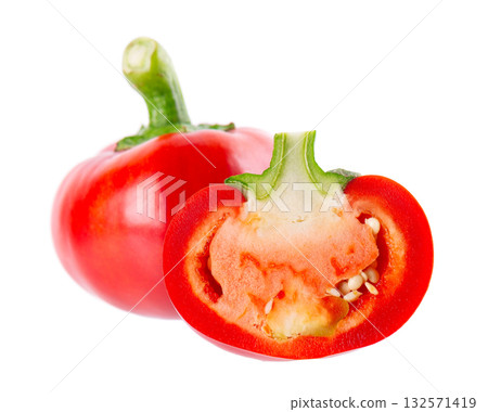 Sweet round peppers isolated on white background. Ripe round red paprika. Clipping path. Sweet round peppers isolated on white background. Ripe round red paprika. Clipping path. 132571419