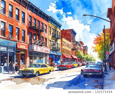 A historic street with a beautiful contrast of sunlight and shadow reminiscent of New York and Boston 132571434