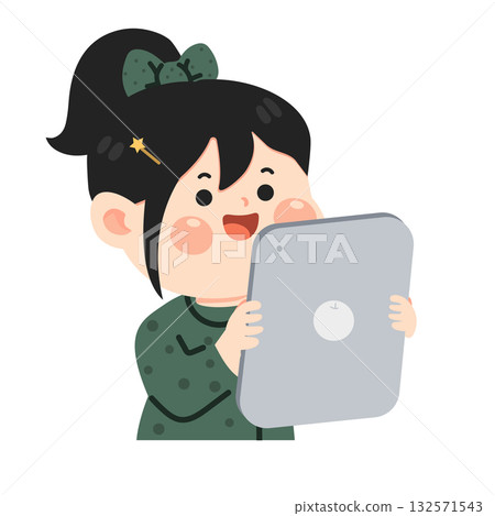 Illustration of Girl Using Tablet Indoors 132571543
