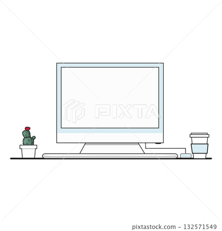 Illustration of Computer with Cactus and Coffee 132571549