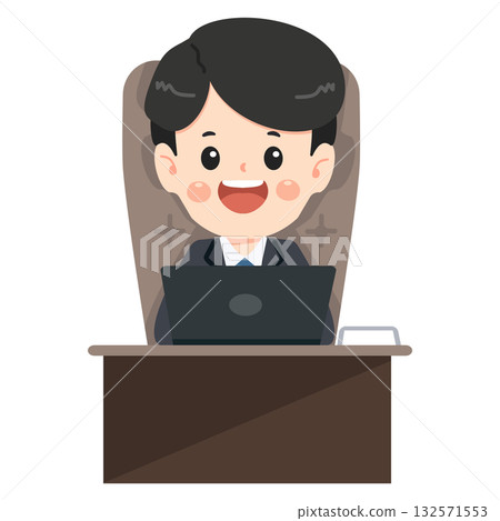 Cartoon Businessman Working on Laptop at Desk Cartoon Businessman Working on Laptop at Desk 132571553