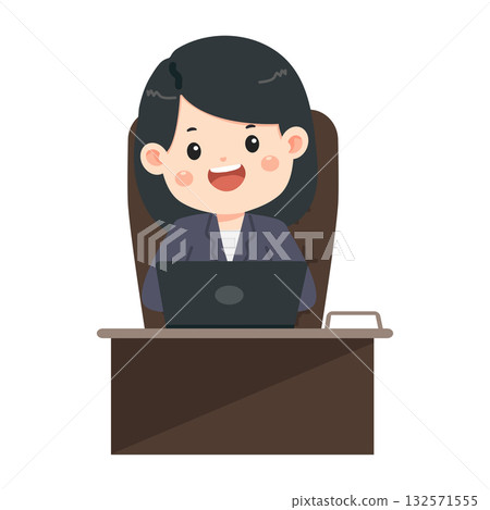 Smiling Woman Using Laptop at Office Desk Smiling Woman Using Laptop at Office Desk 132571555