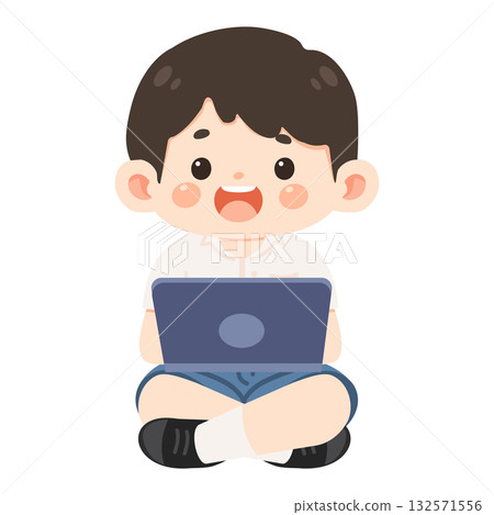 Cartoon Boy Student Using Laptop Illustration 132571556