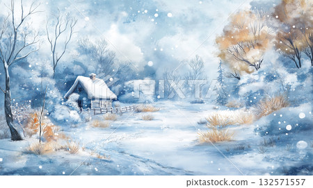 Fantastic forest with winter scenery and hut at dusk, warm nature landscape illustration with watercolor touch, winter in calm tones 132571557