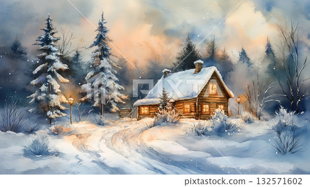 水彩插畫，描繪了雪景和溫暖的小屋，宛如繪本般的冬季自然風光，奇幻的森林和靜謐的小屋，以及雪地的寧靜。 132571602