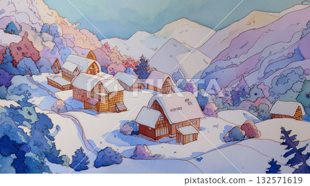 一幅奇妙的雪景，冷暖色調交織，手繪的冬日森林和小屋，自然與建築和諧共存。 132571619
