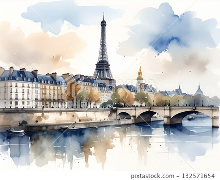 一幅描繪法國巴黎的水彩畫,畫面中柔和的光線下,艾菲爾鐵塔矗立在塞納河與城市景觀之間。 一幅描繪法國巴黎的水彩畫,畫面中柔和的光線下,艾菲爾鐵塔矗立在塞納河與城市景觀之間。 132571654