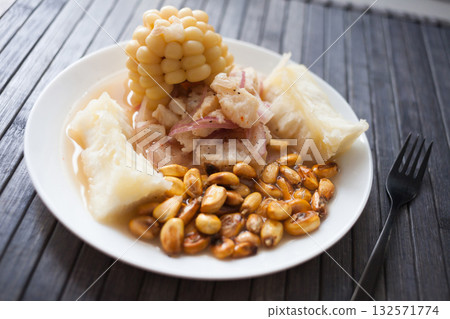 Peruvian traditional dish.fish ceviche with yuka and corn Peruvian traditional dish.fish ceviche with yuka and corn 132571774