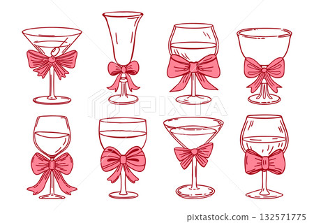 Collection of elegant pink cocktail and wine glasses with bows. Hand drawn sketch illustration. 132571775