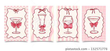 Whimsical greeting cards with elegant wine glasses with bows in vintage ribbon frames. Hand drawn sketch illustration. 132571778