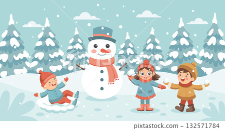 Happy children playing with snowman in winter forest. Kids having fun with snow. Christmas and New Year concept illustration. Happy children playing with snowman in winter forest. Kids having fun with snow. Christmas and New Year concept illustration. 132571784