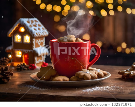 A warm Christmas with a red mug and ginger cookies A warm Christmas with a red mug and ginger cookies 132571971