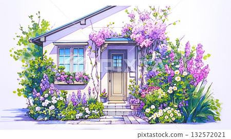 Illustration of a house exterior surrounded by flowers and sunlight filtering through the trees | Hand-drawn, natural everyday scenery Illustration of a house exterior surrounded by flowers and sunlight filtering through the trees | Hand-drawn, natural everyday scenery 132572021
