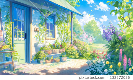 用G筆和圓頭筆繪製的柔和房屋和時令花卉 | 線條畫風格，敘事性風景 132572026