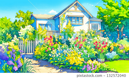 Hand-drawn illustration of a cute house and flowers in full bloom | Homey, natural, garden landscape material Hand-drawn illustration of a cute house and flowers in full bloom | Homey, natural, garden landscape material 132572040