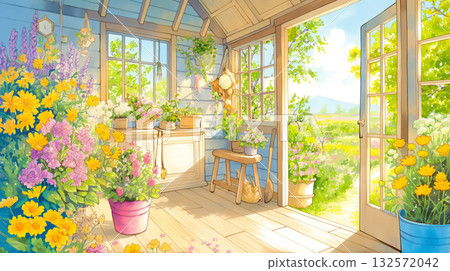 Hand-drawn illustration of a cute house and flowers in full bloom | Homey, natural, garden landscape material Hand-drawn illustration of a cute house and flowers in full bloom | Homey, natural, garden landscape material 132572042