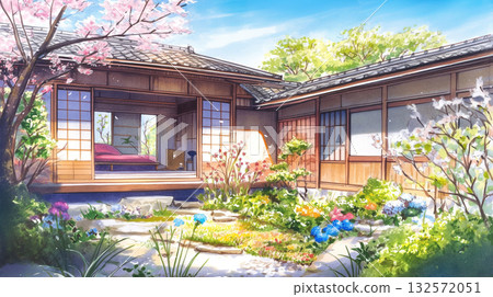 房屋外觀插圖，四周鮮花環繞，陽光透過樹木灑下斑駁的光影 | 手繪風格，自然日常景色 132572051