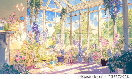 Illustration of a house exterior surrounded by flowers and sunlight filtering through the trees | Hand-drawn, natural everyday scenery Illustration of a house exterior surrounded by flowers and sunlight filtering through the trees | Hand-drawn, natural everyday scenery 132572058