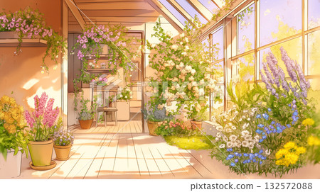 一幅手繪插圖，描繪了溫馨的日常場景和盛開鮮花的入口 | 使用G筆和圓頭筆繪製的線條風格素材 132572088