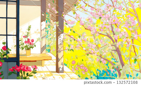 一棟被花環繞的美麗房子 | 手繪、園藝和鄉村插畫 132572108