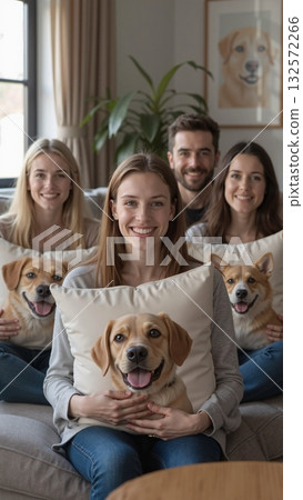 This photo shows four people sitting on a sofa, each holding a pillow with a picture of a dog on it 132572266