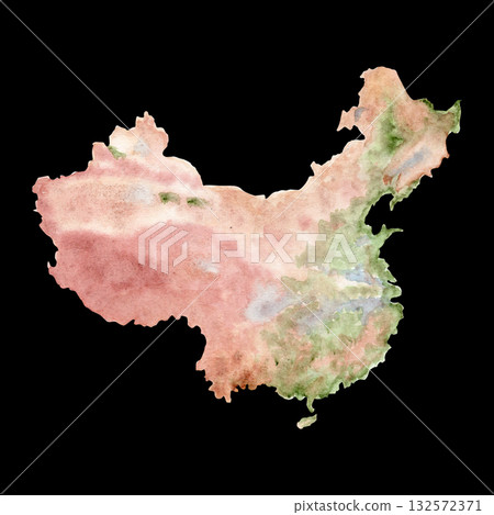 China watercolor map isolated on black in soft earthy tones, blending red, green, beige hues for natural artistic look. Ideal for travel posters, educational materials, infographics, editorial design China watercolor map isolated on black in soft earthy tones, blending red, green, beige hues for natural artistic look. Ideal for travel posters, educational materials, infographics, editorial design 132572371
