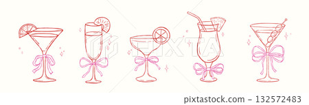 Coquette cocktail glasses with bow, vector illustrations set, colorful martini, doodle whimsical sketch for party invitation, wine drinks 132572483