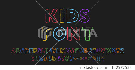 Kids hand drawn font with crayon or color pencil outline letters, numbers, symbols Kids hand drawn font with crayon or color pencil outline letters, numbers, symbols 132572535