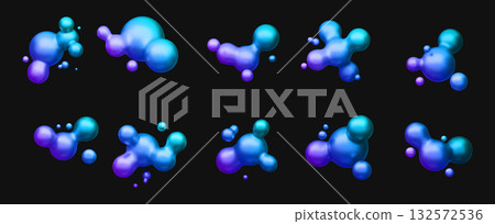 Colorful gradient 3D morphing balls. Liquid blobs like lava lamp. Fluid 3D metaballs. Bright vector illustration for cards, posters, advertising, flyers. Isolated on black background. 132572536
