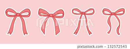 Bows pink doodle sticker set. Hand drawn different shapes of bow knots and ribbons. Simple bowties for packaging, gift wrapping, invitations. Color vector illustrations with white outline Bows pink doodle sticker set. Hand drawn different shapes of bow knots and ribbons. Simple bowties for packaging, gift wrapping, invitations. Color vector illustrations with white outline 132572543