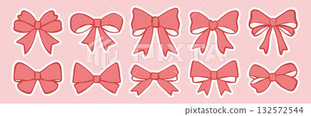 Set of stickers with hand drawn doodle bows. Various red bowties for gift tags, greeting cards, scrapbooking, design elements, patterns. Color vector illustrations with white outline on pink Set of stickers with hand drawn doodle bows. Various red bowties for gift tags, greeting cards, scrapbooking, design elements, patterns. Color vector illustrations with white outline on pink 132572544