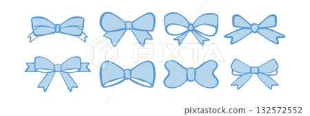 Blue bows design set. Hand drawn doodle ribbons, bows for gifts, present knots and wrap pack. Vector vintage illustration isolated on a white background. 132572552