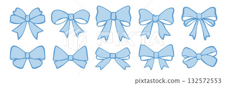 Blue bows doodle set. Hand drawn different shapes of bow knots and ribbons. Simple bowties stickers for packaging, gift wrapping, invitations. Color vector vintage illustration isolated on white. 132572553