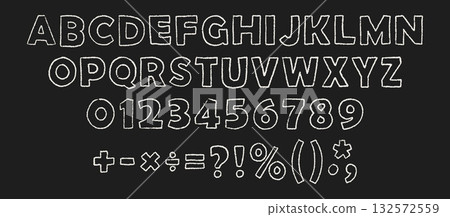 Kids hand drawn font with chalk or white crayon outline letters and numbers. 132572559