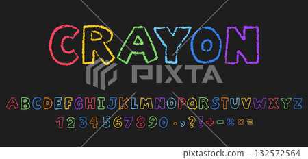 Crayon kids font. Hand drawn alphabet, numbers, signs 132572564